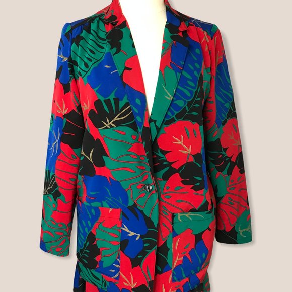 Vintage Tan F Jay Blazer Skirt Suit Tropical Pleated 8 - Picture 2 of 13